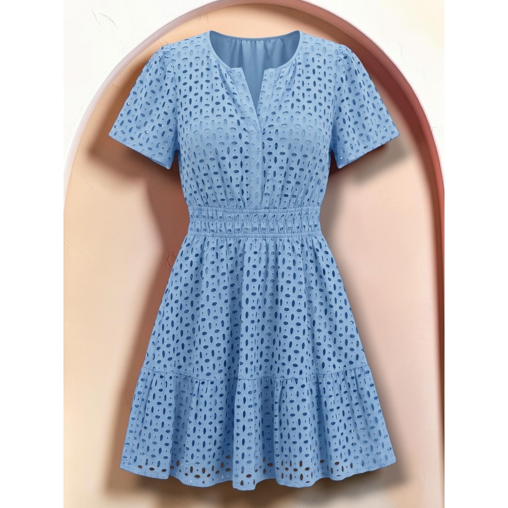 PrettyGarden Eyelet Smocked Waist Tiered A-Line Mini Dress Blue Small